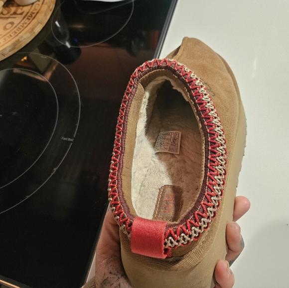 UGG Brown Suede Platform Clogs with Red Trim - Picture 6 of 6